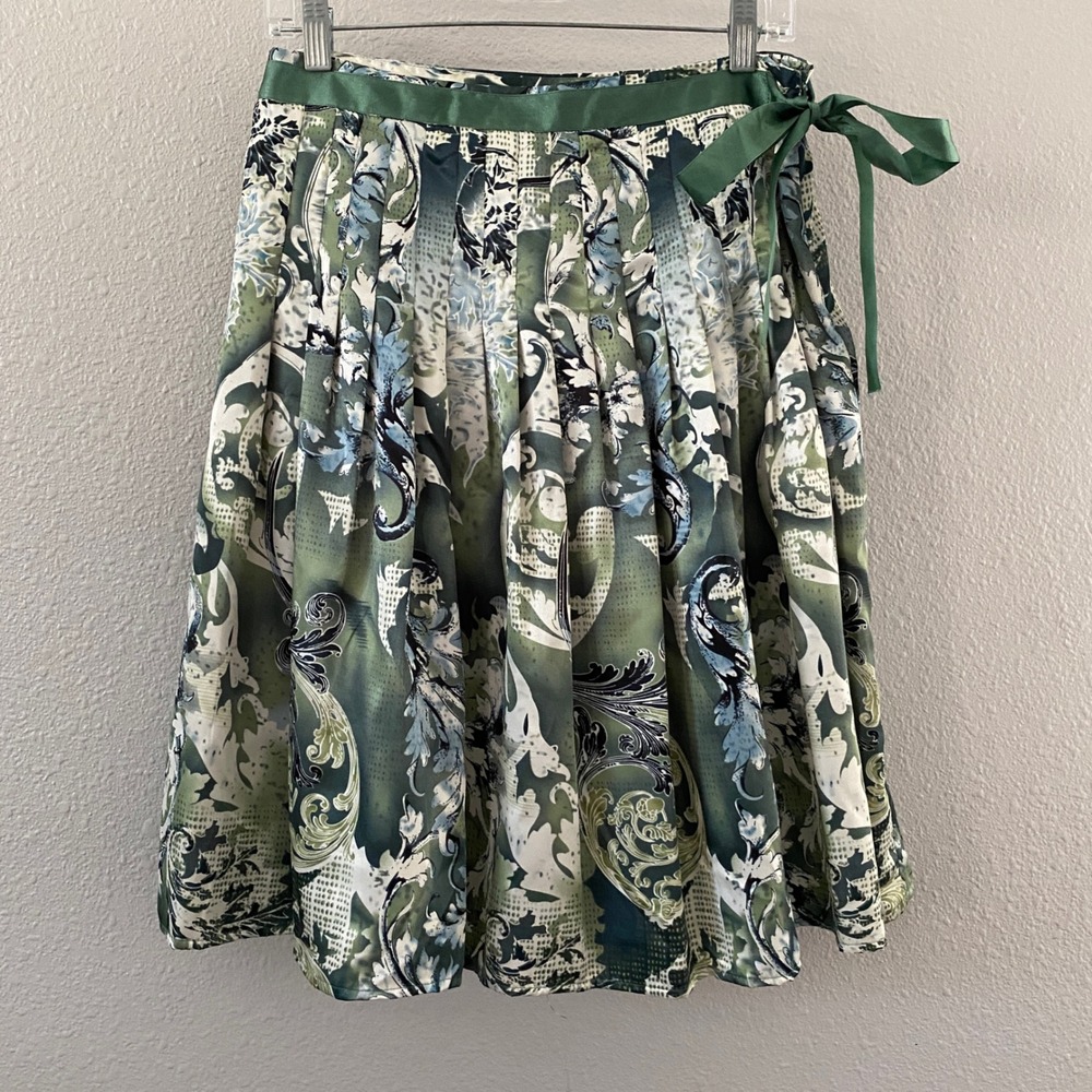 Y2K Green Fairy Skirt Size 8 Fairycore Preppy Pleated Paisley Bow Retro Feminine